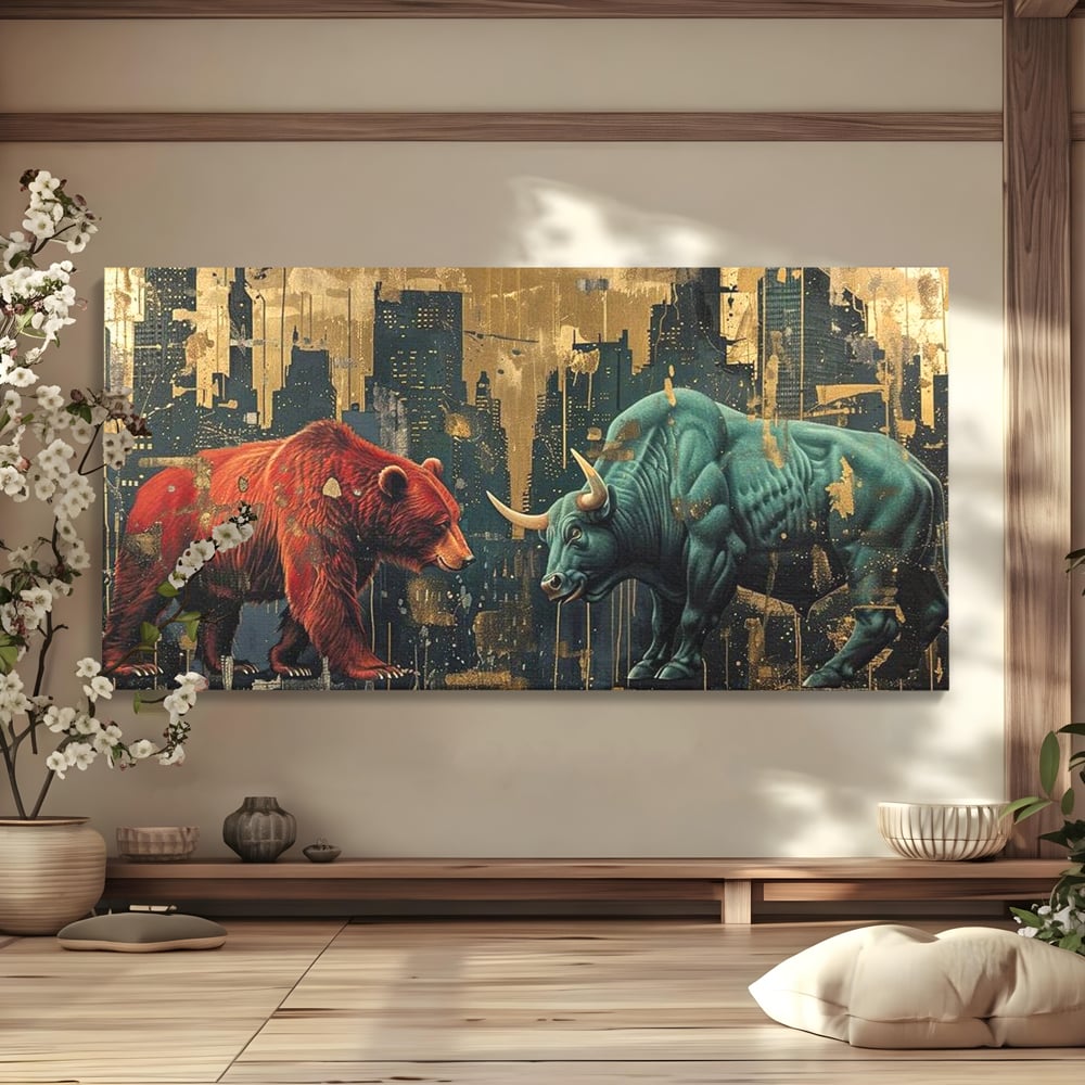 Tablou canvas cu tablou canvas cu taur si urs, fara rama, pe sasiu de lemn